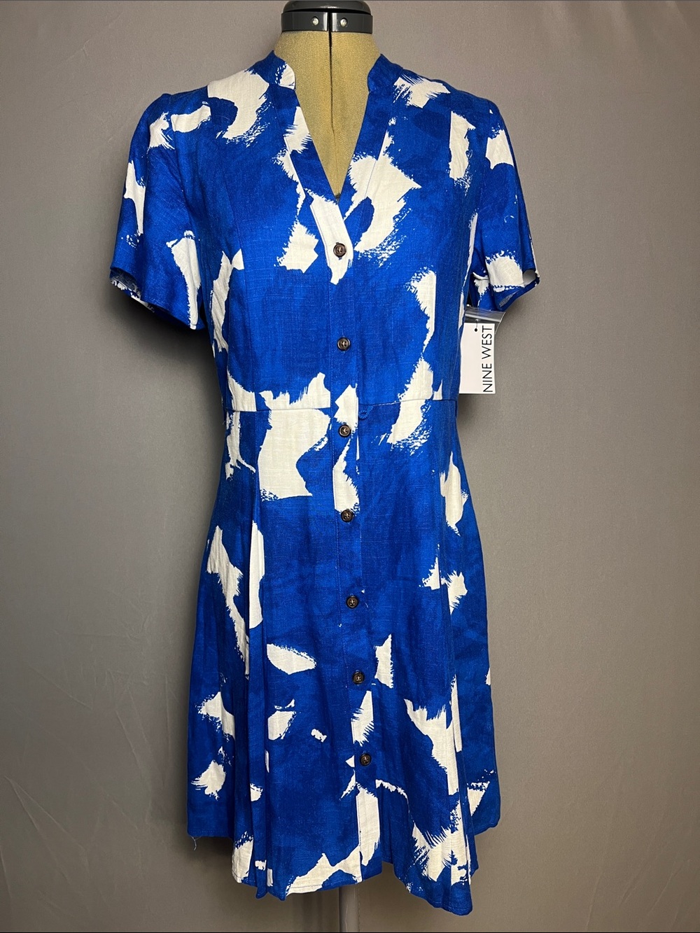 Nine West Royal Blue & White Brushstroke Button-Front Mini Dress